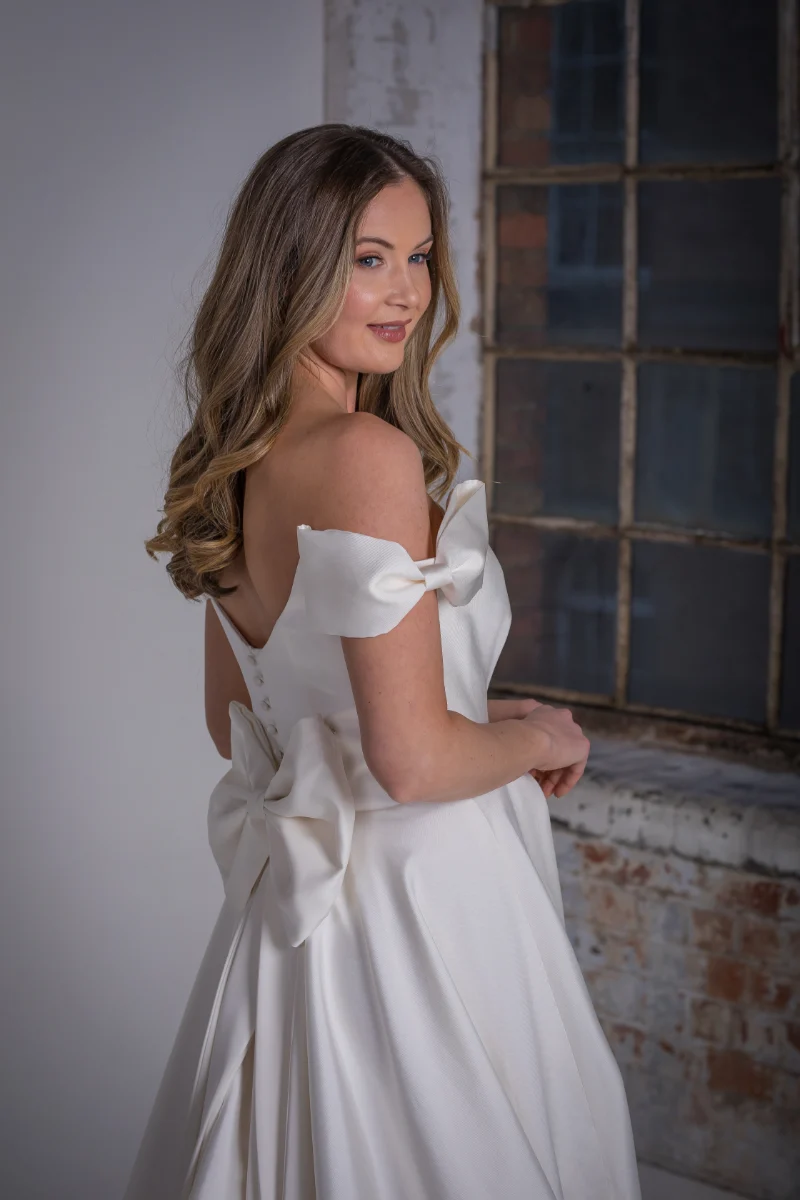 Chloe Mikado Wedding dress with detachable bows close ORchid Collection Natalya James 2025-322.png